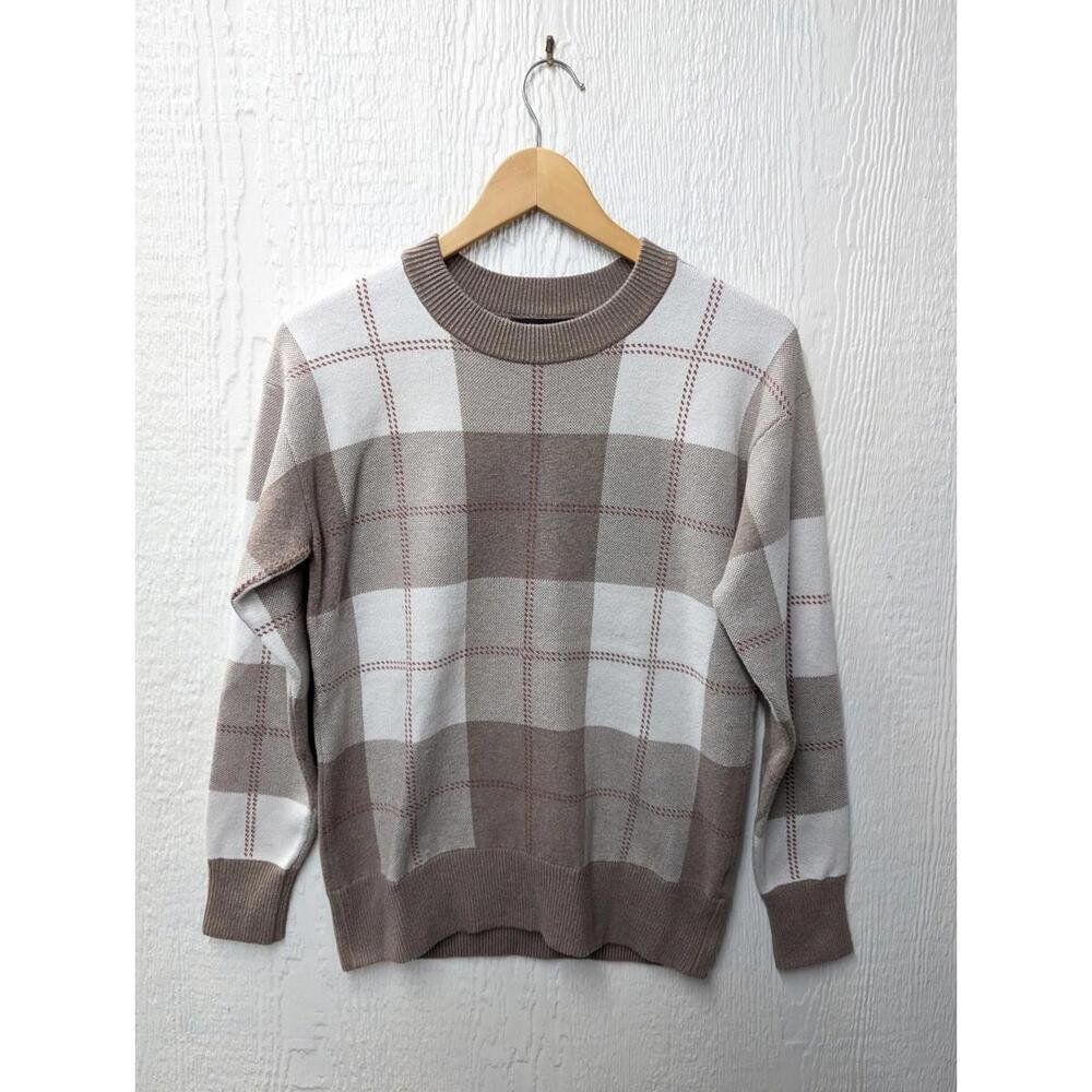 Rachel Zoe Beige Argyle Plaid Sweater Soft Cozy Academia Preppy Oversized XS